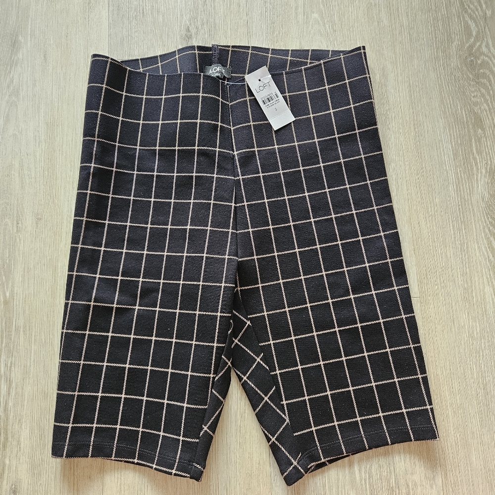 NWT LOFT Sculpt High waisted Bike Shorts Checkered Black Tan